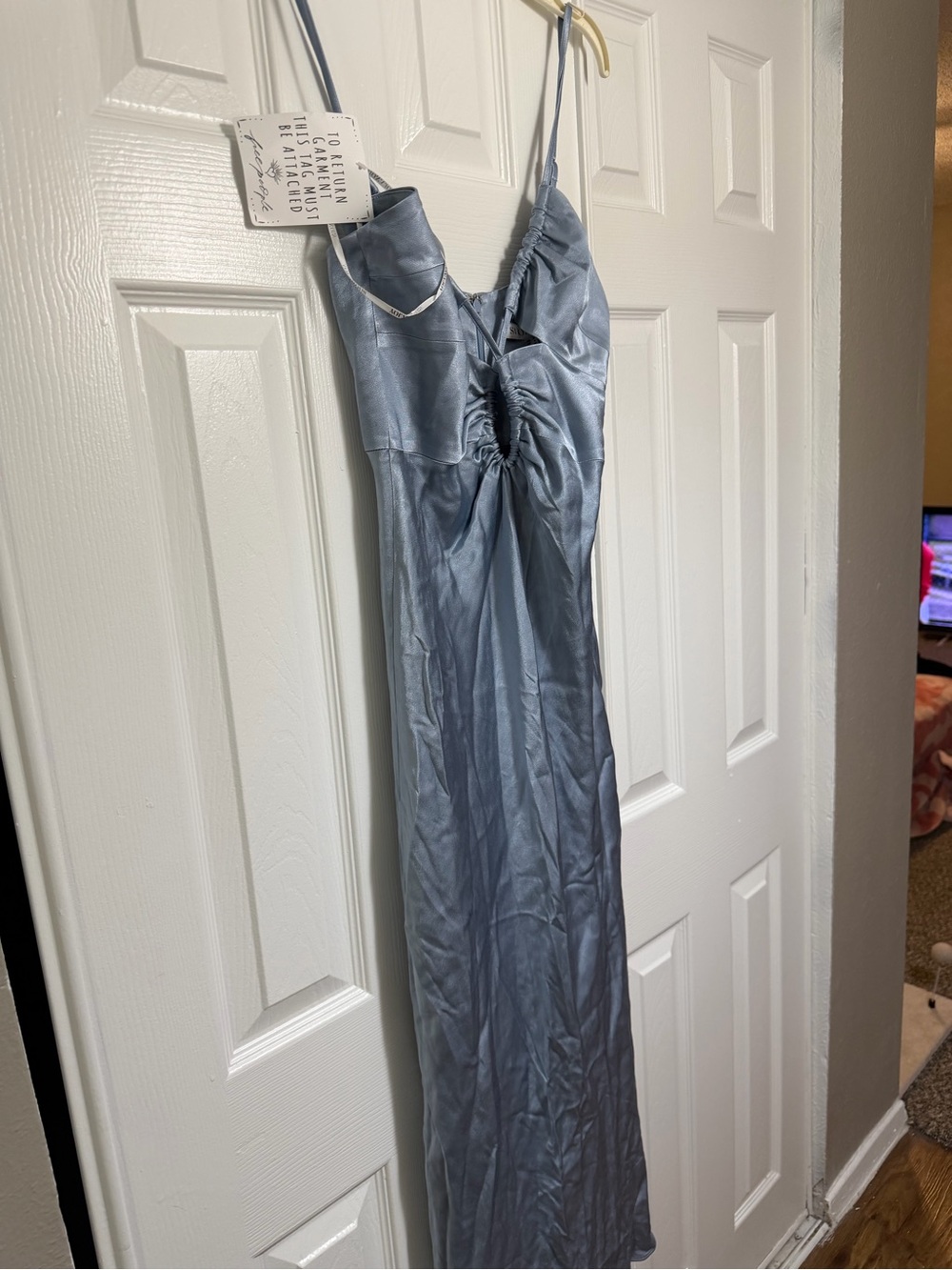 Free People Satin Dusty Blue Ruched Slip Maxi Dress